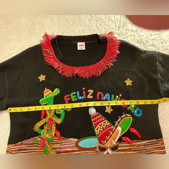 Holiday Time Black Festive Sweater with Red and Green Accents Size M (8-10) - Picture 7 of 8
